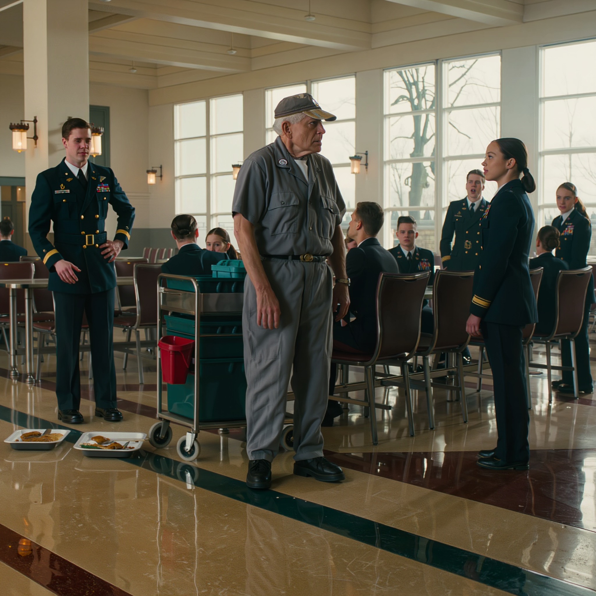 Az egész akadémia megtanulta, hogy ne kelljen a seprűs, csendes férfi mellett elnéznie. Napkeltekor már kitakarította a kőfolyosókat, kifényesítette az üvegvitrineket, és eltűnt egy olyan hely hátterében, ahol szerették a fényesre csiszolt cipőket, az éles tisztelgéseket és a tökéletes megjelenést. Aztán egy reggel, kadétok és rangidős tisztek sorai előtt egy látogató tábornok elsétált a pódium mellett, megállt a szürke egyenruhás gondnok mellett, és úgy tisztelgett neki, mintha a teremben mindenki elfelejtette volna, hogyan kell lélegezni. – Hírek